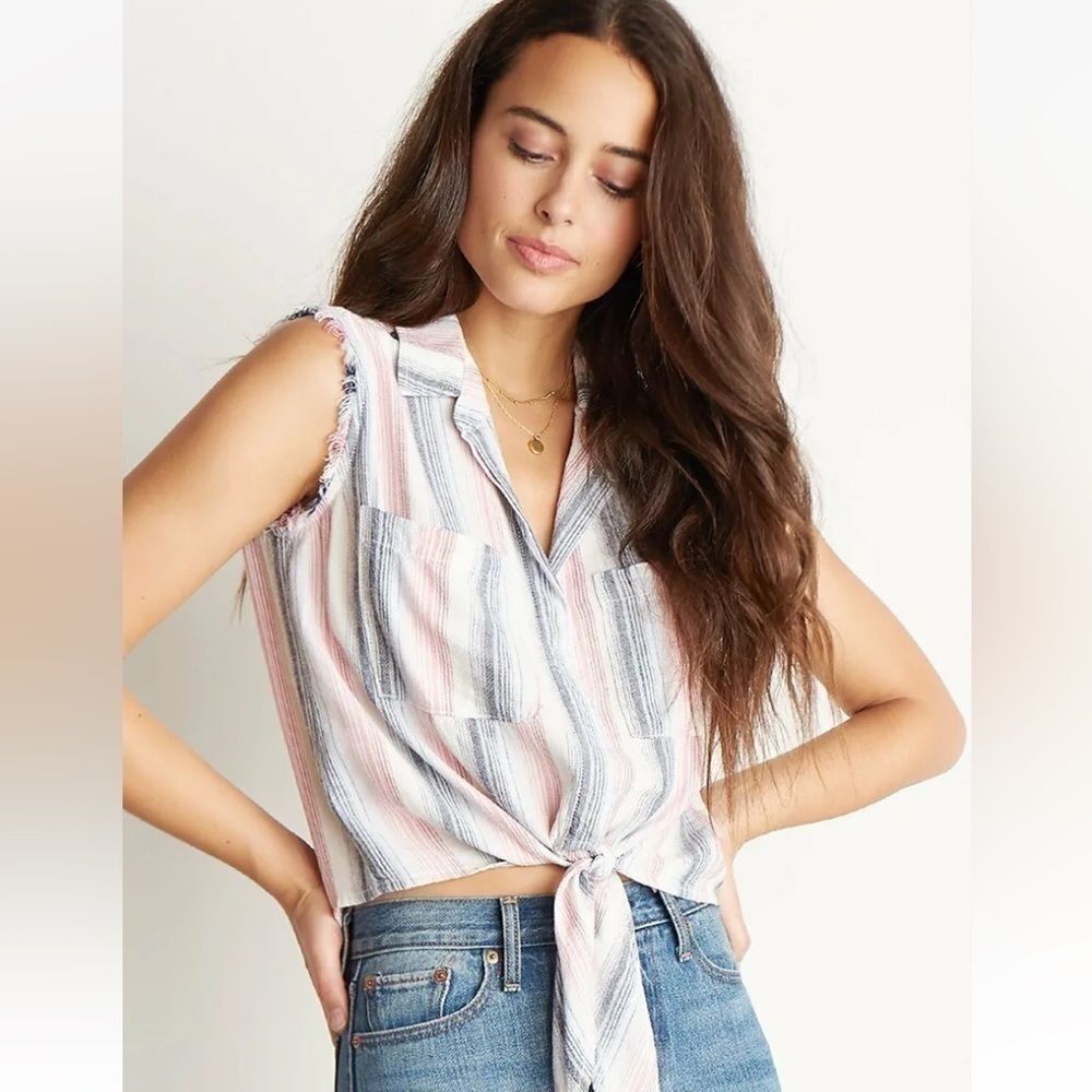 Revolve Bella Dahl Sleeveless Frayed Button Down Sunset Striped Linen Top Shirt‍
